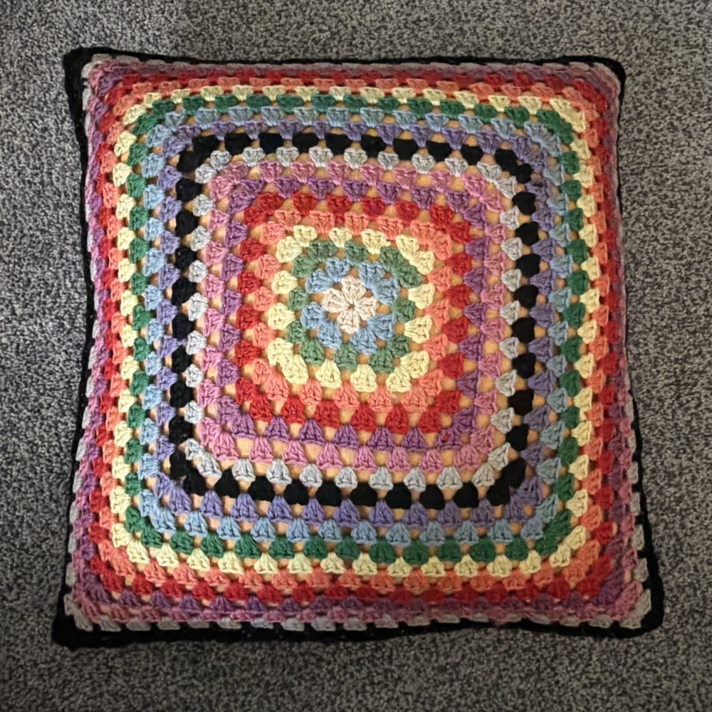 Vtg Hand Crocheted Granny Square Throw Pillow Colorful 15" Square
